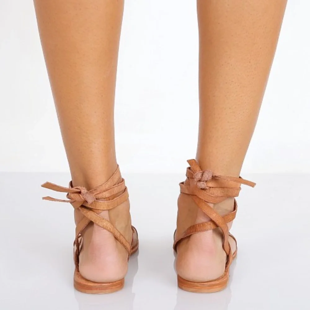 Free People Oliviera Tan Sandals Gladiator Flat Tooled LaceUp Ankle NEW 37 - 7 - Picture 13 of 14